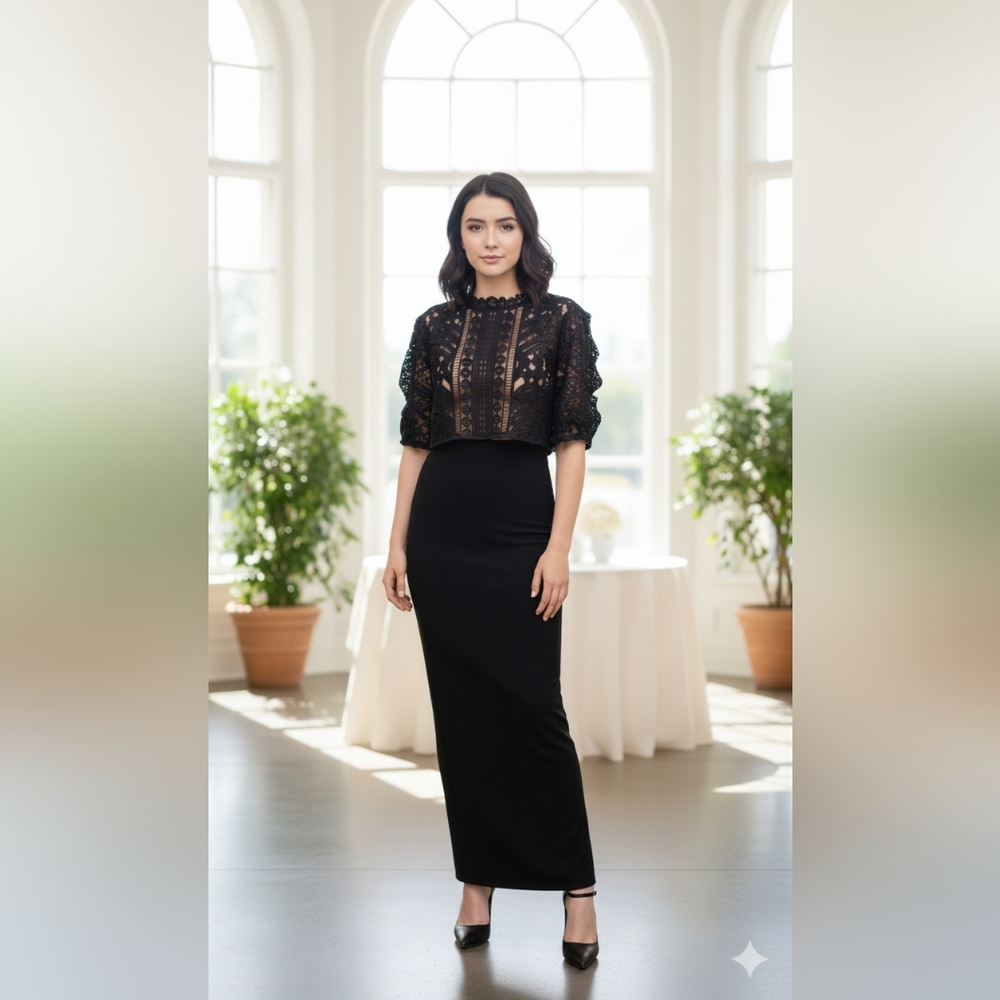 Self-Portrait Black Lace Midi Dress with Puff Sleeves and High Waist